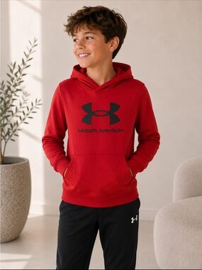 Under Armour Boys Red Performance Hoodie | Youth | Black Logo